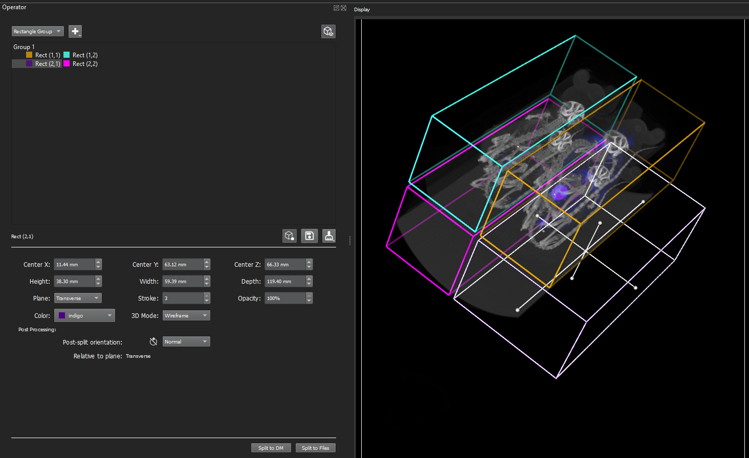Image of VivoQuant UI: splitting shapes in 3D